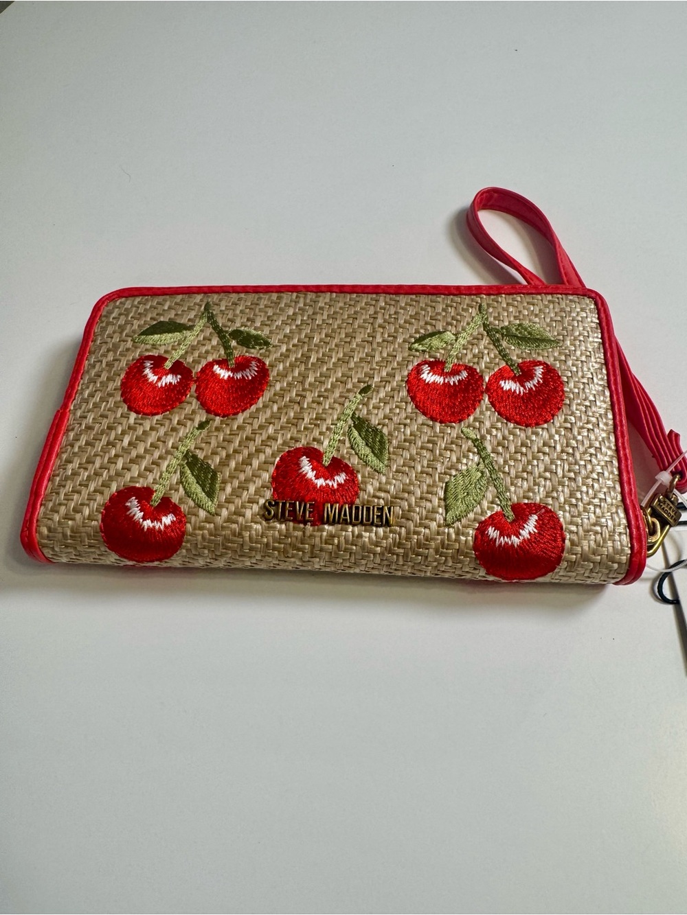 NWT Steve Madden Tan Woven Cherry Wristlet with Red Trim (8 1/2x11”)